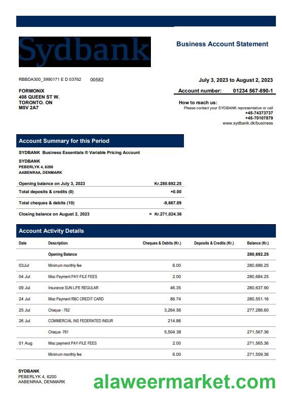 Sydbank enterprise account statement Word and PDF template